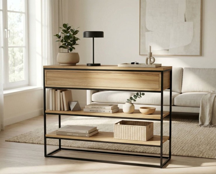 dębowa konsola z szufladą typu loft