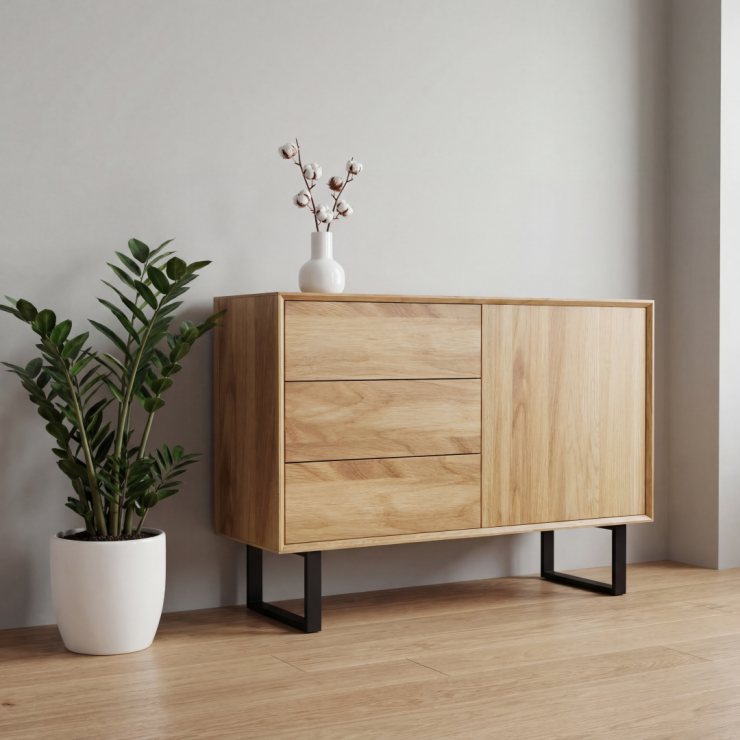 Komoda dębowa z litego drewna Elegant Steel I na stalowych nogach Double